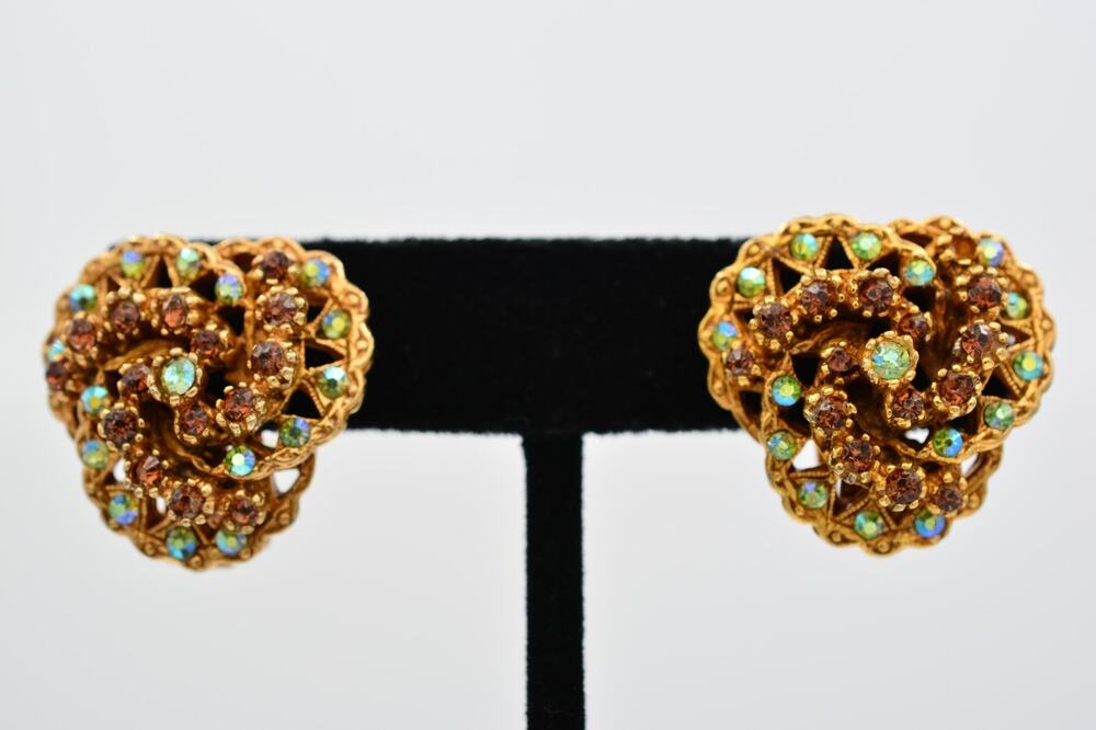 ART Vintage AB Rhinestone Crystal Clip On Earrings Antiqued Gold Signed BinAR
